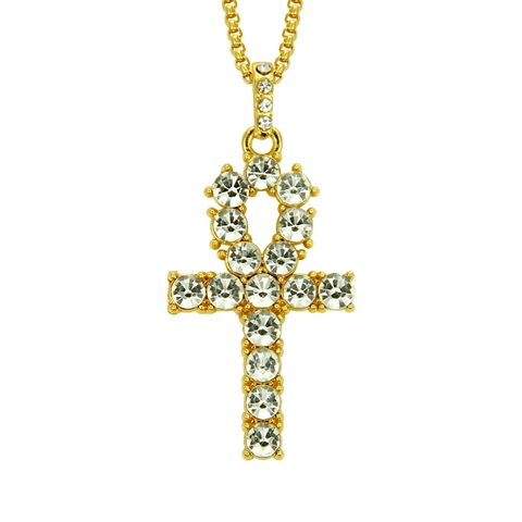 Iced Out Rhinestone Ankh Cross Pendant Necklace For Men Women Hip Hop Alloy Gold Silver Color Egyptian Life Cross Box Chain Jewelry