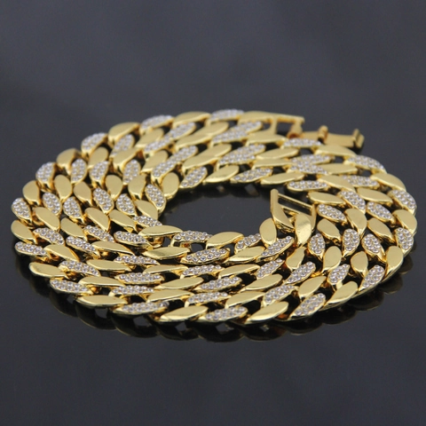 Collana Bracciale a Maglia Cubana Hip Hop da Uomo Placcato Oro 18K in Lega con Strass Intarsiati Gioielli Streetwear Scintillanti