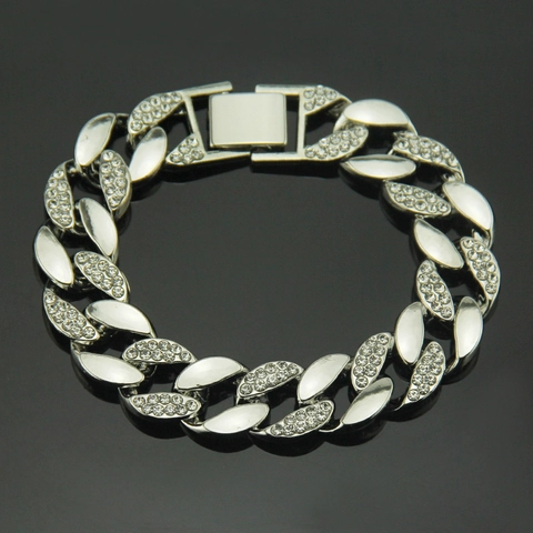 Bracciale Uomo Hip Hop Maglia Cubana in Lega con Intarsio di Strass Placcato Oro Argento Gioielli alla Moda Streetwear