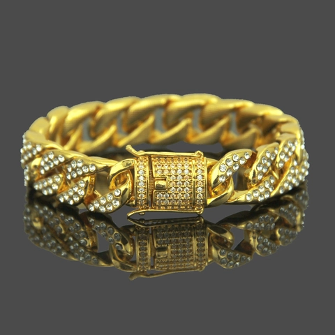 Hip Hop Miami Cuban Link Bracelet For Men Iced Out Rhinestone Alloy Gold Silver Plated Streetwear Jewelry Hand Chain Gift