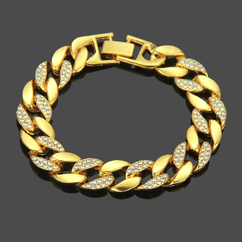 Bracciale Uomo Hip Hop Maglia Cubana in Lega con Intarsio di Strass Placcato Oro Argento Gioielli alla Moda Streetwear