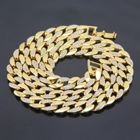 Collana Bracciale a Maglia Cubana Hip Hop da Uomo Placcato Oro 18K in Lega con Strass Intarsiati Gioielli Streetwear Scintillanti