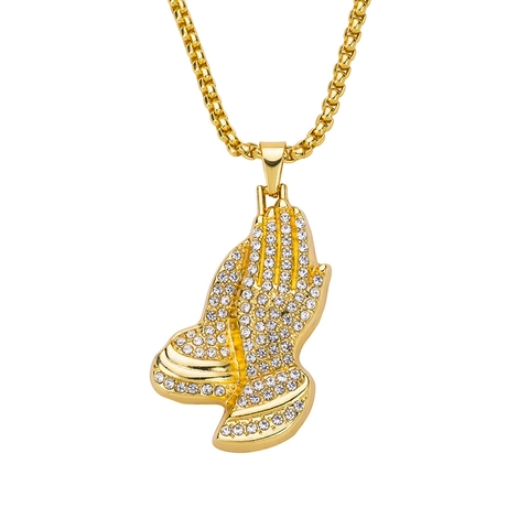 Men Hip Hop Praying Hands Pendant Necklace Alloy Rhinestone Paved Iced Out Box Chain Gold Silver Plated Streetwear Jewelry
