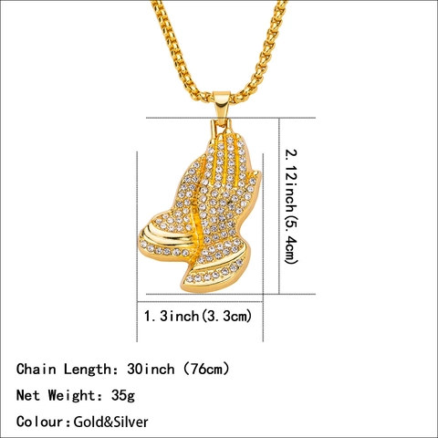 Iced Out Biddende Handen Hanger Halsketting Voor Heren Dames Hip Hop Legering Strass Religieuze Sieraden Box Ketting