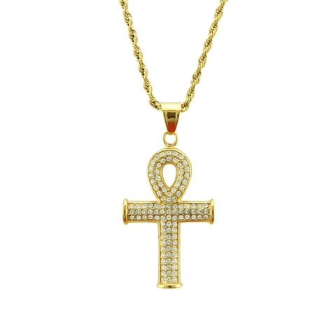Vintage Egyptisch Ankh Kruis Hanger Halsketting Voor Heren Dames Verguld Zinklegering Strass Hip Hop Touw Ketting Sieraden