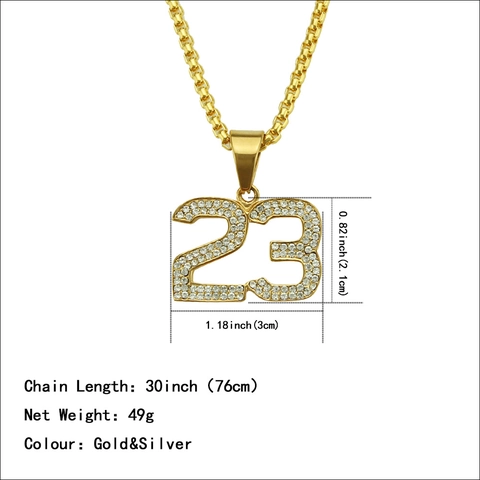 Collana con Ciondolo Numero 23 Hip Hop in Lega con Strass Pavé Gioielli Bling Catena Veneziana per Uomo Donna Oro Argento