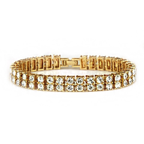 Hip Hop Men Double Row Rhinestone Tennis Bracelet Alloy Inlaid Jewelry Gold Silver Color Geometric Clasp Bracelet Party Jewelry