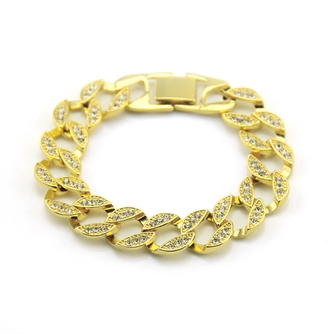 Bracciale Hip Hop Uomo Maglia Cubana in Lega Con Strass Gioielli Moda Bracciale per Festa Colore Oro Catena a Mano in Metallo
