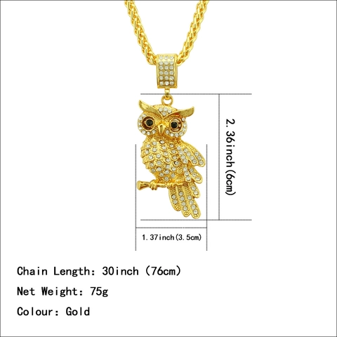 Collana con Ciondolo a Forma di Gufo Hip Hop Punk per Uomo Placcato Oro Argento Lega di Zinco con Strass Gioielli Animali