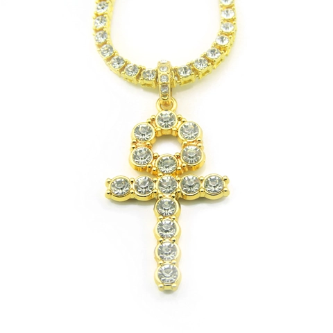 Collana con Pendente a Croce Ankh Hip Hop Placcato Oro Argento Catena da Tennis Iced Out in Lega con Strass per Uomo Donna