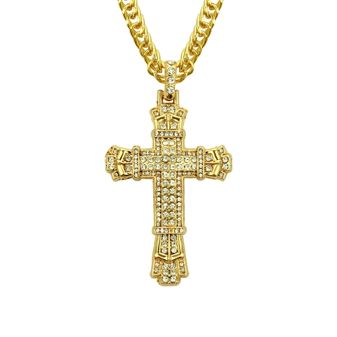 Collana Uomo Hip Hop Pendente Croce Iced Out Lega Retrò Catena Maglia Cubana Oro Argento Strass Gioielli Streetwear
