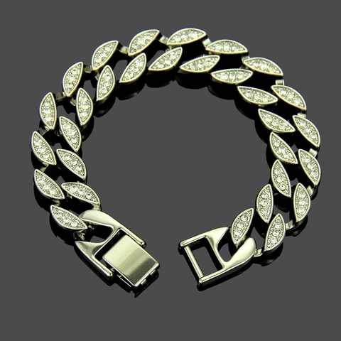 Bracciale Hip Hop Uomo Maglia Cubana in Lega Con Strass Gioielli Moda Bracciale per Festa Colore Oro Catena a Mano in Metallo
