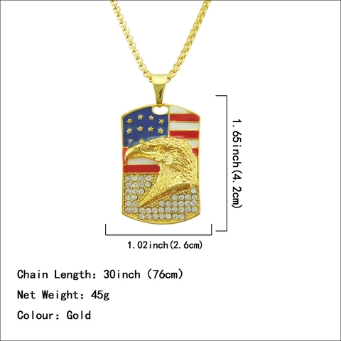 Collana Hip Hop Uomo Placcata Oro Pendente Aquila Bandiera USA Dog Tag Gioielli Moda Patriottica Regalo Accessorio