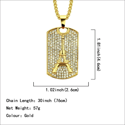 Collana con Ciondolo Torre Eiffel Hip Hop Placcato Oro con Strass Ghiacciati Targhetta Militare Quadrata Gioielli Streetwear per Uomo Donna