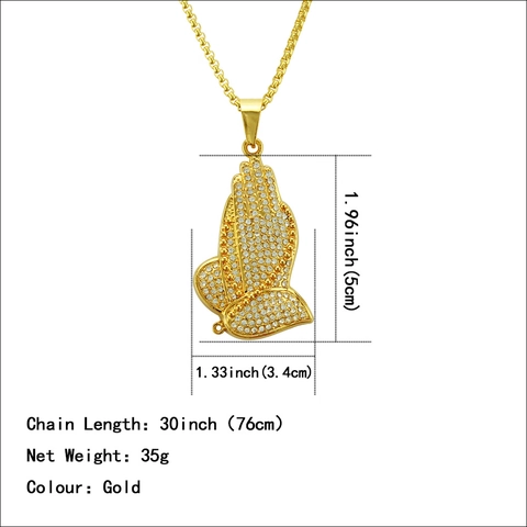 Iced Out Betende Hände Anhänger Halskette Hip Hop Gold Plated Legierung Strass Box-Kette Für Herren Streetwear Schmuck