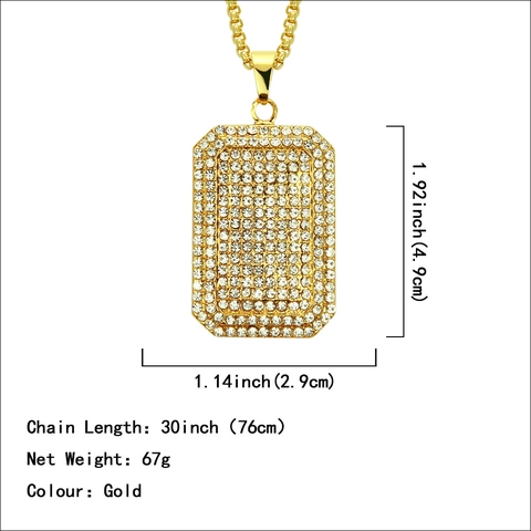 Collana con Ciondolo a Piastrina Militare Rettangolare Iced Out Hip Hop per Uomo Donna Lega Strass Gioielli di Moda