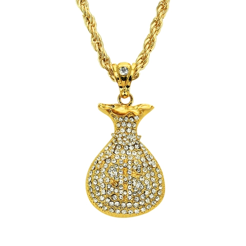 Hip Hop Iced Out Money Bag Pendant Necklace Men Gold Silver Color Dollar Sign Rhinestone Inlaid Alloy Rope Chain Jewelry