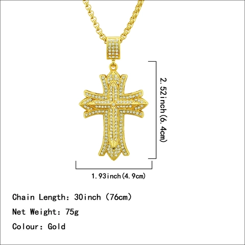 Collana con Ciondolo a Croce 3D Hip Hop da Uomo in Lega Lussuosa con Strass Catena Veneziana Color Oro Gioielli