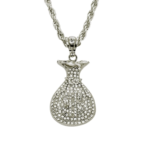 Hip Hop Iced Out Money Bag Pendant Necklace Men Gold Silver Color Dollar Sign Rhinestone Inlaid Alloy Rope Chain Jewelry
