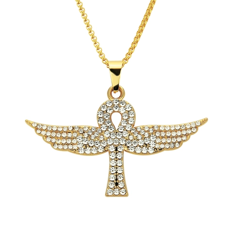 Collana con Ciondolo a Croce Ankh Alata in Oro Hip Hop Gioielli in Lega di Strass Iced Out per Uomo Donna Cool Punk Streetwear