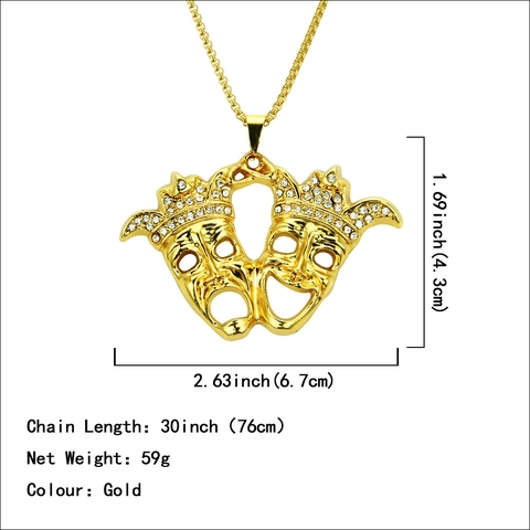 Hip Hop Herren Komödie Tragödie Masken Anhänger Halskette Gold Überzogene Legierung Strass Krone Drama Maske Schmuck