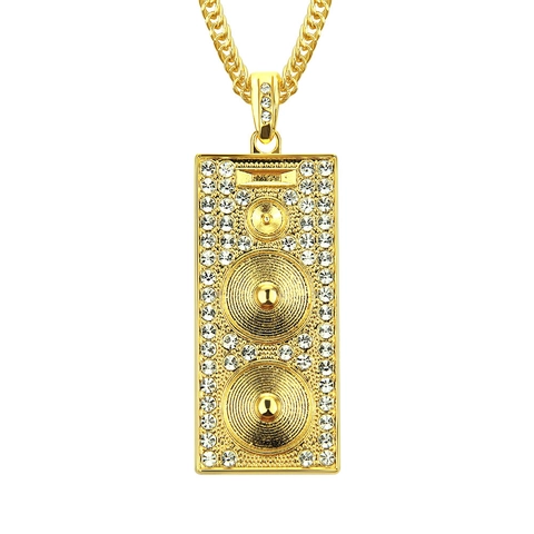 Hip Hop Alloy Rhinestone Speaker Pendant Necklace For Men Women Gold Plated Cuban Chain Music Box Jewelry Gift