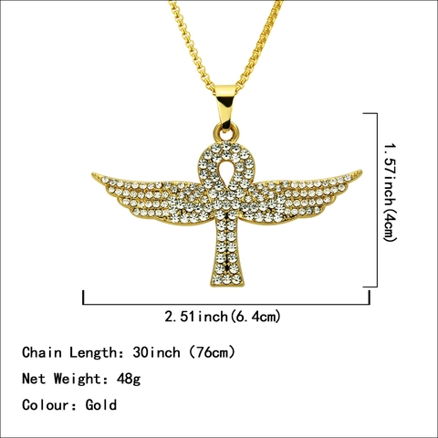 Collana con Ciondolo a Croce Ankh Alata in Oro Hip Hop Gioielli in Lega di Strass Iced Out per Uomo Donna Cool Punk Streetwear