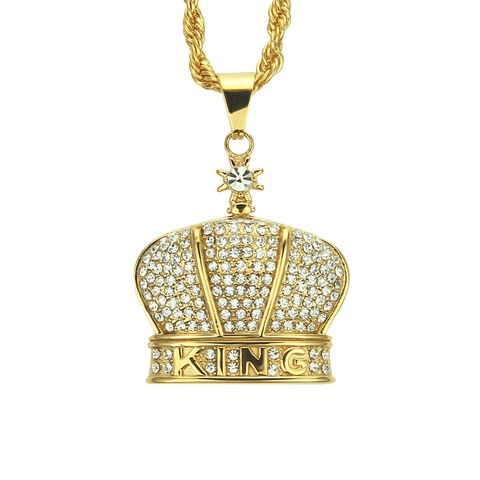 Hip Hop Alloy Crown KING Pendant Necklace Pave Rhinestone Gold Silver Color Rope Chain Jewelry For Men Party