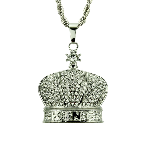 Hip Hop Alloy Crown KING Pendant Necklace Pave Rhinestone Gold Silver Color Rope Chain Jewelry For Men Party