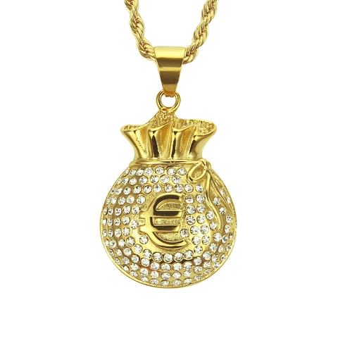 Hip Hop Iced Out Money Bag Pendant Necklace Alloy Rhinestone Euro Sign Pendant Rope Chain Streetwear Jewelry Gift For Men Women