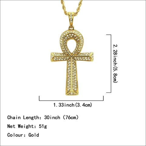 Collar Hip Hop Para Hombre Con Colgante de Cruz Ankh Egipcia de Aleación Bañada en Oro y Diamantes Llave de la Vida