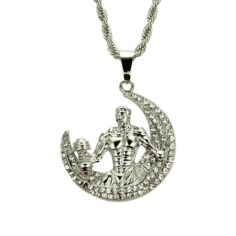 Collana con Pendente Bodybuilder Fitness Hip Hop Mezzaluna in Lega con Strass Catena a Corda Gioielli Sportivi da Uomo