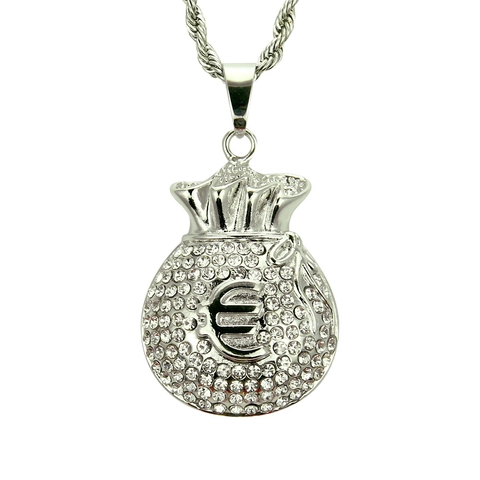 Hip Hop Iced Out Money Bag Pendant Necklace Alloy Rhinestone Euro Sign Pendant Rope Chain Streetwear Jewelry Gift For Men Women
