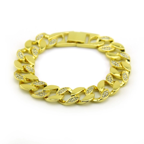 Bracciale a Maglia Cubana da Uomo Hip Hop Placcato Oro in Lega con Strass Pavé Braccialetto alla Moda Stile di Strada Gioielli da Uomo