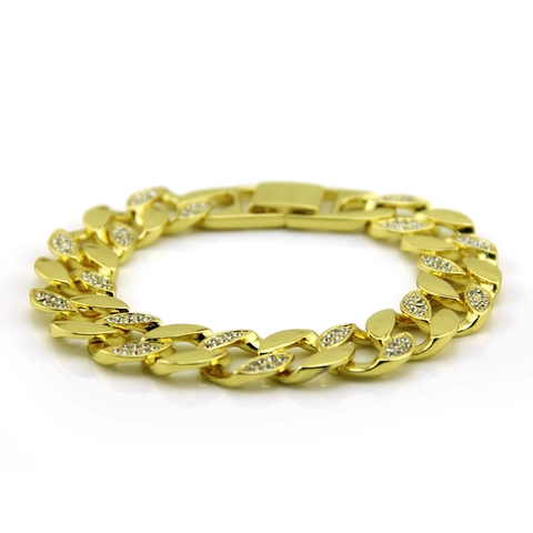 Bracciale a Maglia Cubana da Uomo Hip Hop Placcato Oro in Lega con Strass Pavé Braccialetto alla Moda Stile di Strada Gioielli da Uomo