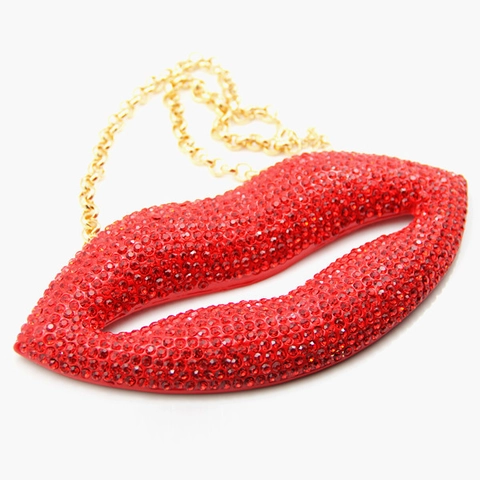 Exaggerated Alloy Lip Pendant Necklace For Women Chunky Chain Rhinestone Inlaid Statement Sweater Chain Jewelry For Party