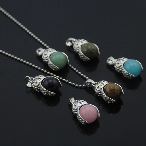 Collana con Pendente Girevole a Forma di Gufo in Pietra Naturale Lega Strass Vintage Ciondolo Animale Catena a Sfere per Uomo Donna