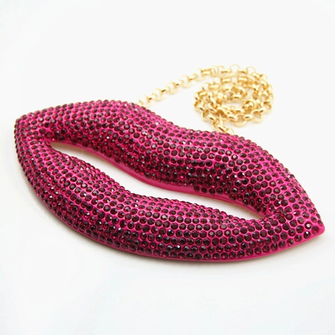 Exaggerated Alloy Lip Pendant Necklace For Women Chunky Chain Rhinestone Inlaid Statement Sweater Chain Jewelry For Party