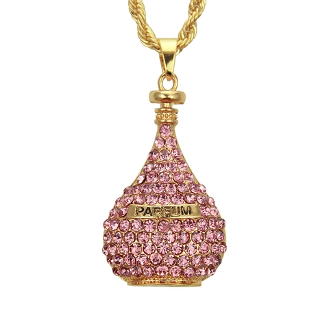 Collar con Colgante de Frasco de Perfume 3D Hip Hop Oro Aleación Incrustado Strass Rosa Púrpura Letra PARFUM Cadena Larga de Suéter Joyería