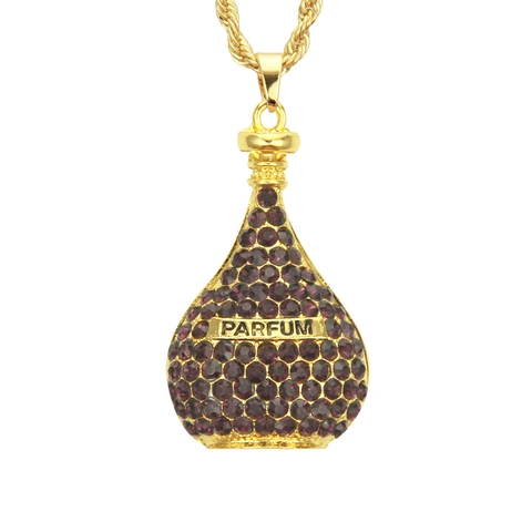 Collar con Colgante de Frasco de Perfume 3D Hip Hop Oro Aleación Incrustado Strass Rosa Púrpura Letra PARFUM Cadena Larga de Suéter Joyería