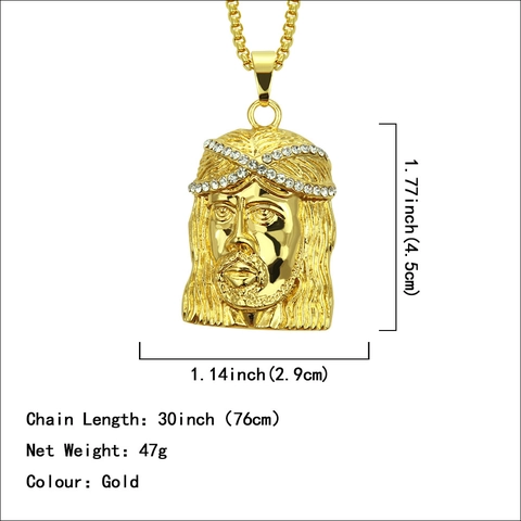 Collana con ciondolo testa di Gesù hip hop in lega placcata oro. Design religioso con strass e catena a scatola per gioielli da uomo.