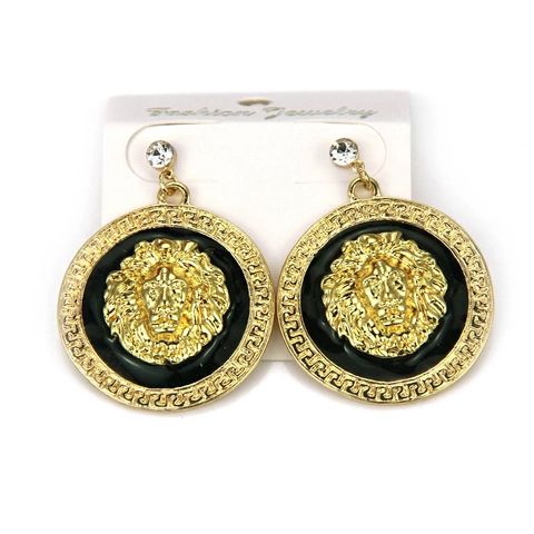 Vintage Hip Hop Legierung Löwenkopf Ohrstecker Schwarz Emaille Griechischer Schlüssel Rand Goldton Strass Rund Schmuck Für Herren Damen