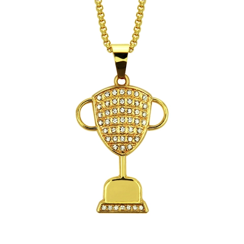 Collana con Ciondolo a Trofeo Hiphop Lega Oro Placcata Strass Catena Box Gioielli alla Moda da Uomo Discoteca