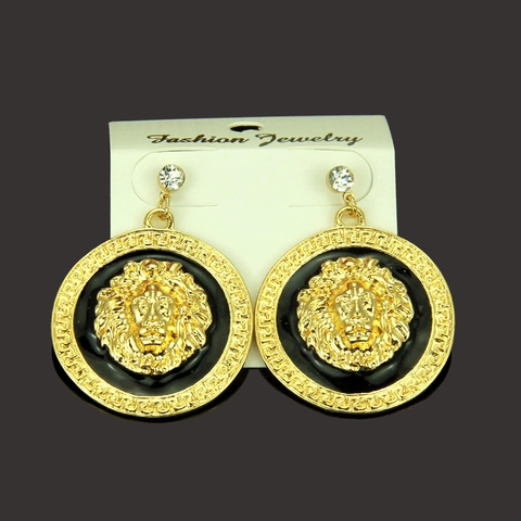 Retro Lion Head Stud Earrings With Greek Key Border Gold Color Alloy Rhinestone Enamel Hip Hop Earrings For Men Women Jewelry