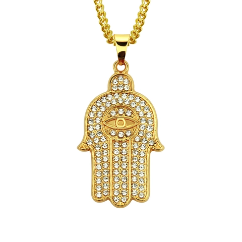 Collana con Pendente Mano di Fatima Malocchio per Uomo Hip Hop Strass Intarsiato Lega Catena Cubana Oro Gioielli Moda