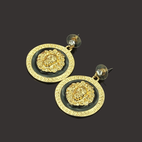 Retro Lion Head Stud Earrings With Greek Key Border Gold Color Alloy Rhinestone Enamel Hip Hop Earrings For Men Women Jewelry