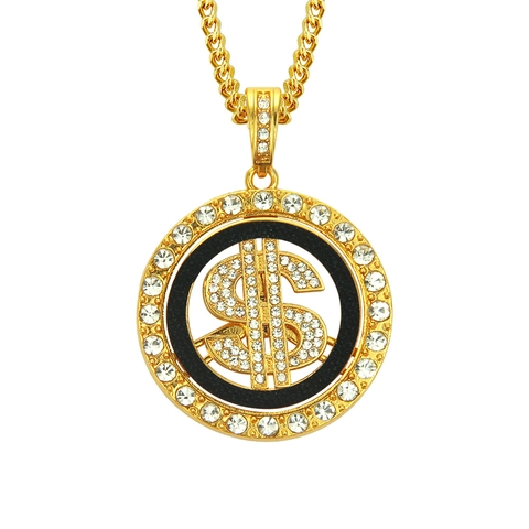 Hip Hop Bling Dollar Sign Rotating Pendant Necklace For Men Luxurious Alloy Rhinestone Iced Out Spinner Necklace Streetwear Jewelry Gift