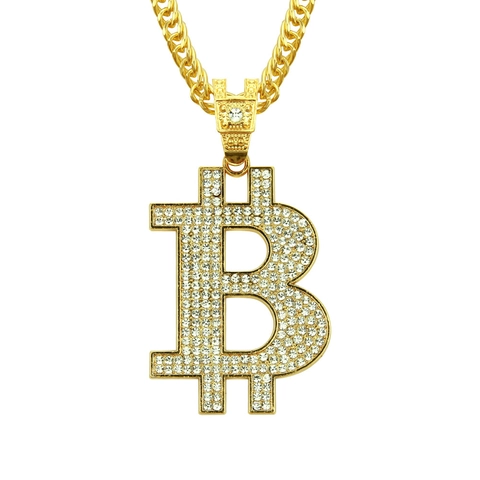 Collana con Ciondolo Bitcoin B Hip Hop per Uomo con Strass Brillanti Intarsiati Catena Cubana Placcata Oro Argento Gioielli Streetwear