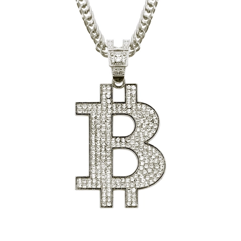Collana con Ciondolo Bitcoin B Hip Hop per Uomo con Strass Brillanti Intarsiati Catena Cubana Placcata Oro Argento Gioielli Streetwear