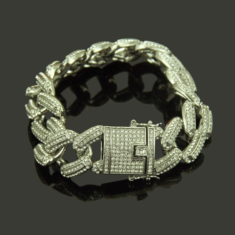 Pulsera de Eslabones Cubanos de Hip Hop para Hombre con Diamantes de Imitación Incrustados Aleación de Zinc Chapado en Oro Plata